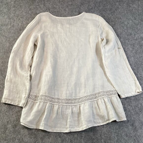 Terzo 100% Linen Roll Tab Sleeve Made In Italy Cotton Top Size M - Picture 5 of 13